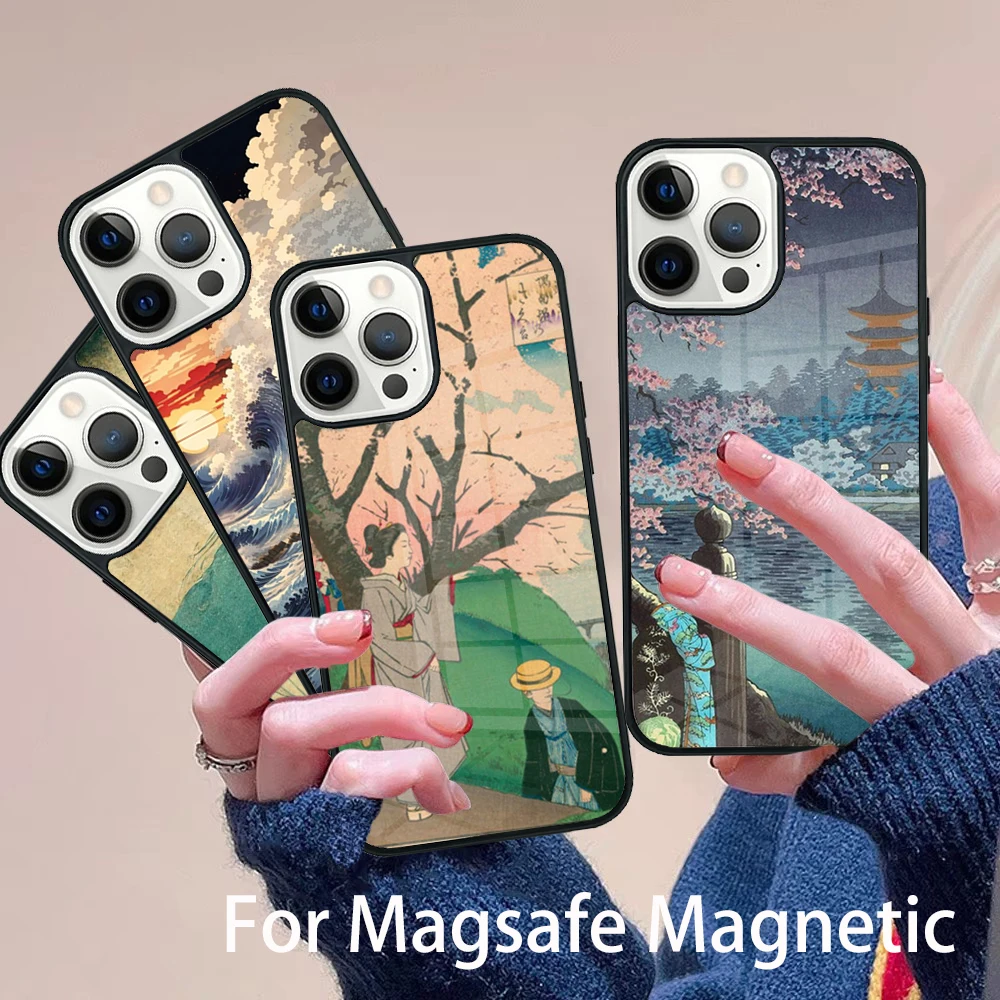 

Japanese Ukiyo-e Art Phone Case Magesafe Magnetic Wireless Charge Cover For IPhone 16 11 12 13 14 15 Pro Max Plus Mini
