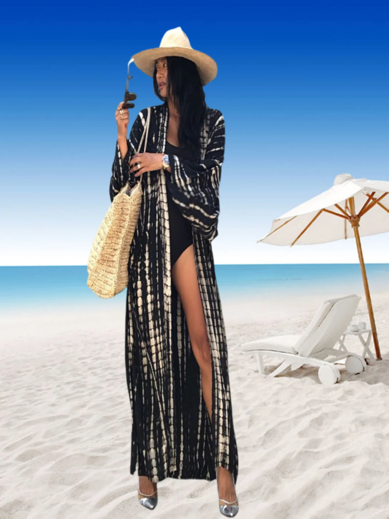 女性用カフタンワンピース、プラスサイズ水着カバーアップ、Vネック、バットウィングドレス、ゆったりフィット、モロッコ風カフタン、ムームードレス