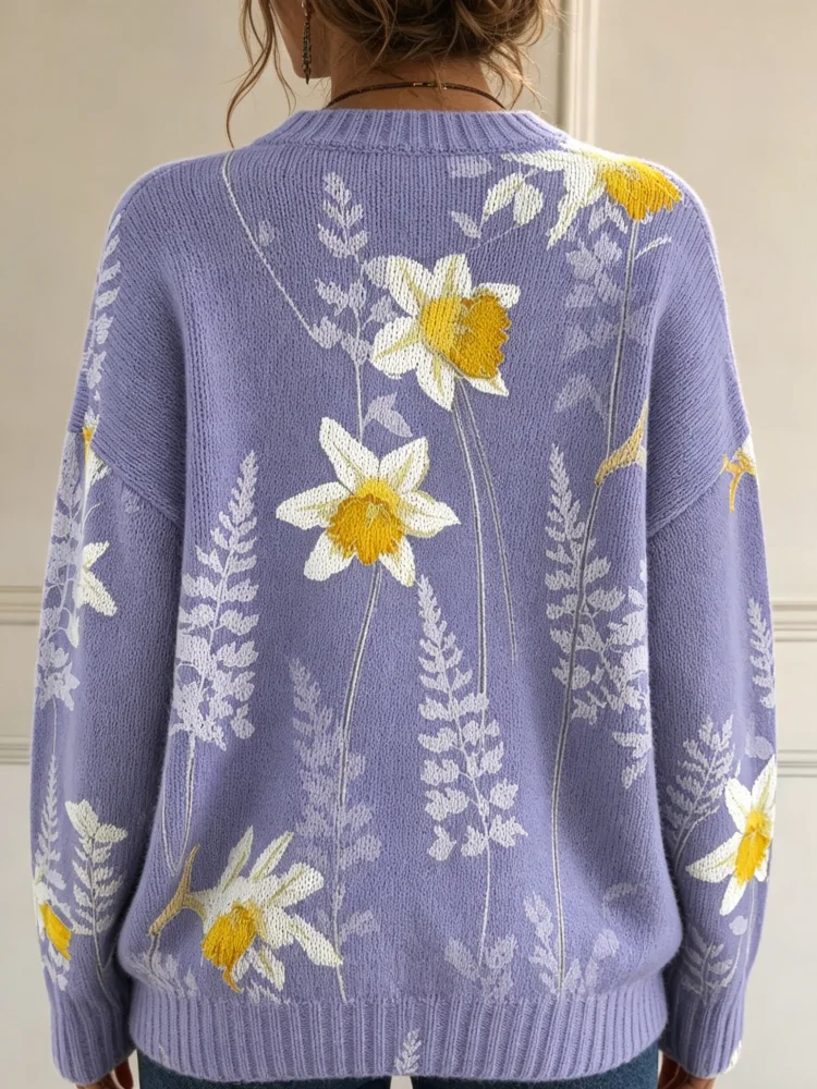Women's Printed Sweater, with a Pale Purple vintage Tulip Flower Pattern, Round-Neck Long-Sleeved Cotton-Blend Casual Knit Top, Suitable for Daily Casual Wear in Autumn and Winter