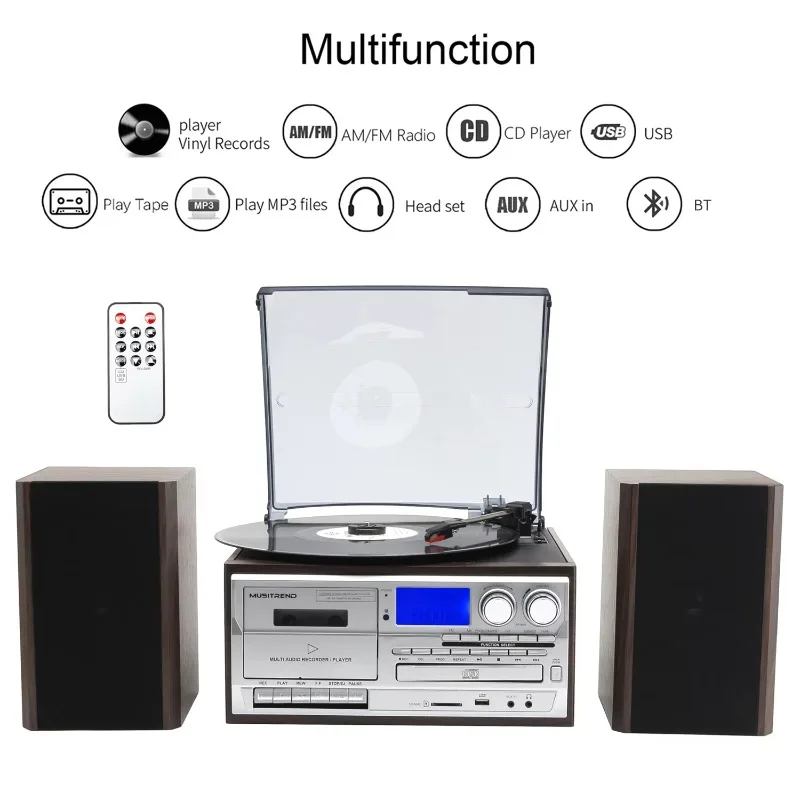 مشغل قرص دوار 3 سرعات AM FM راديو BT USB كاسيت CD جراموفون مشغل سجلات الفينيل مع مكبرات صوت خارجية #2