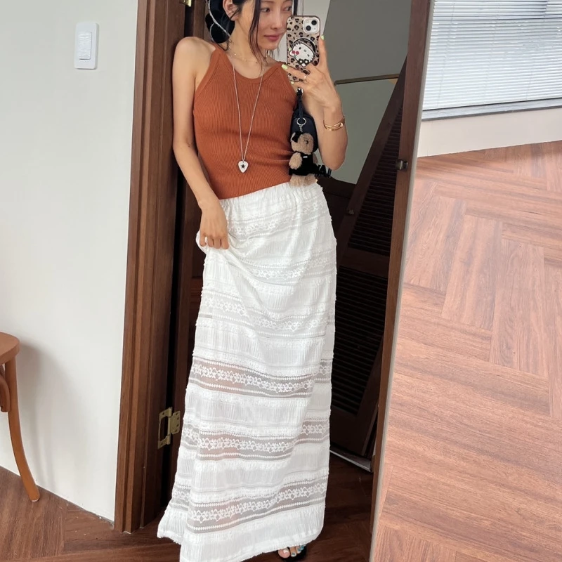 

High Waist A-Line Skirt Women's Spring Summer Korean Sle Faion Sweet Lace Multi-Layer Ruffle Slim Elastic Waist Skirt