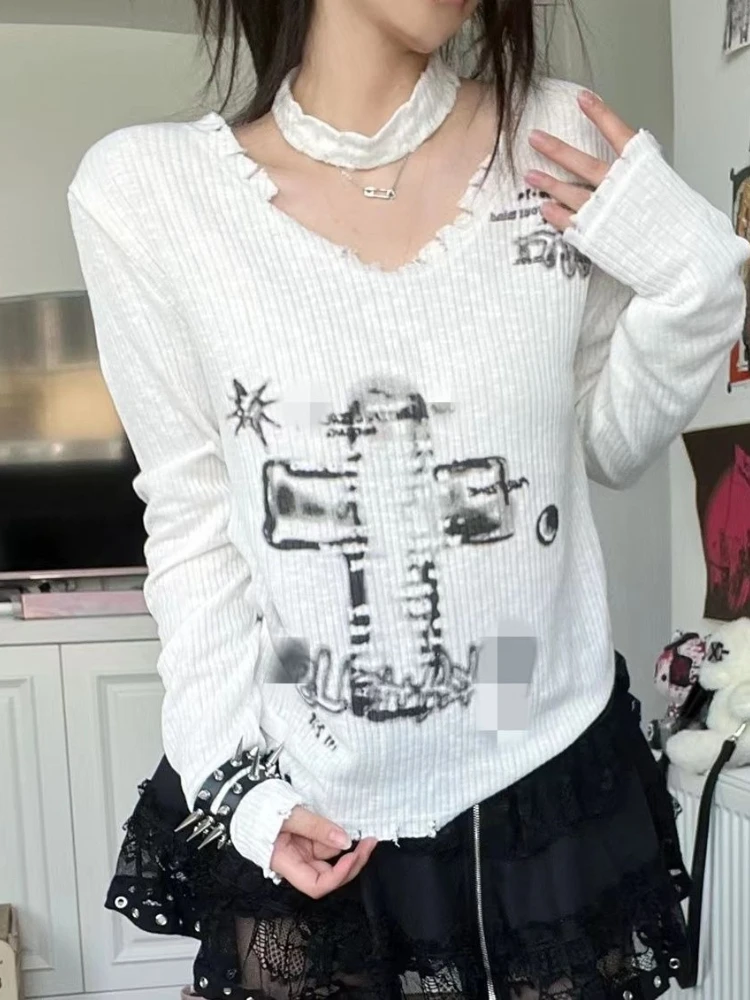 

2000s Subculture Punk Hot Sweet V Neck Long Sleeve Pullover Sweaters Y2k Vintage Slim Casual Harajuku Korean Fashion Tees Chic