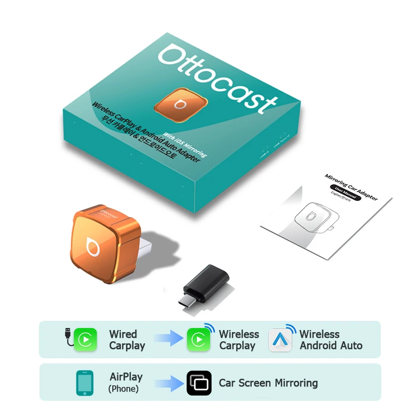 OTTOCAST MINI AIR Cube 4.0 Kabelloser CarPlay Android Auto 3-in-1 Adapter Bildschirmspiegelung Auto-Zubehör für Youtube Tiktok
