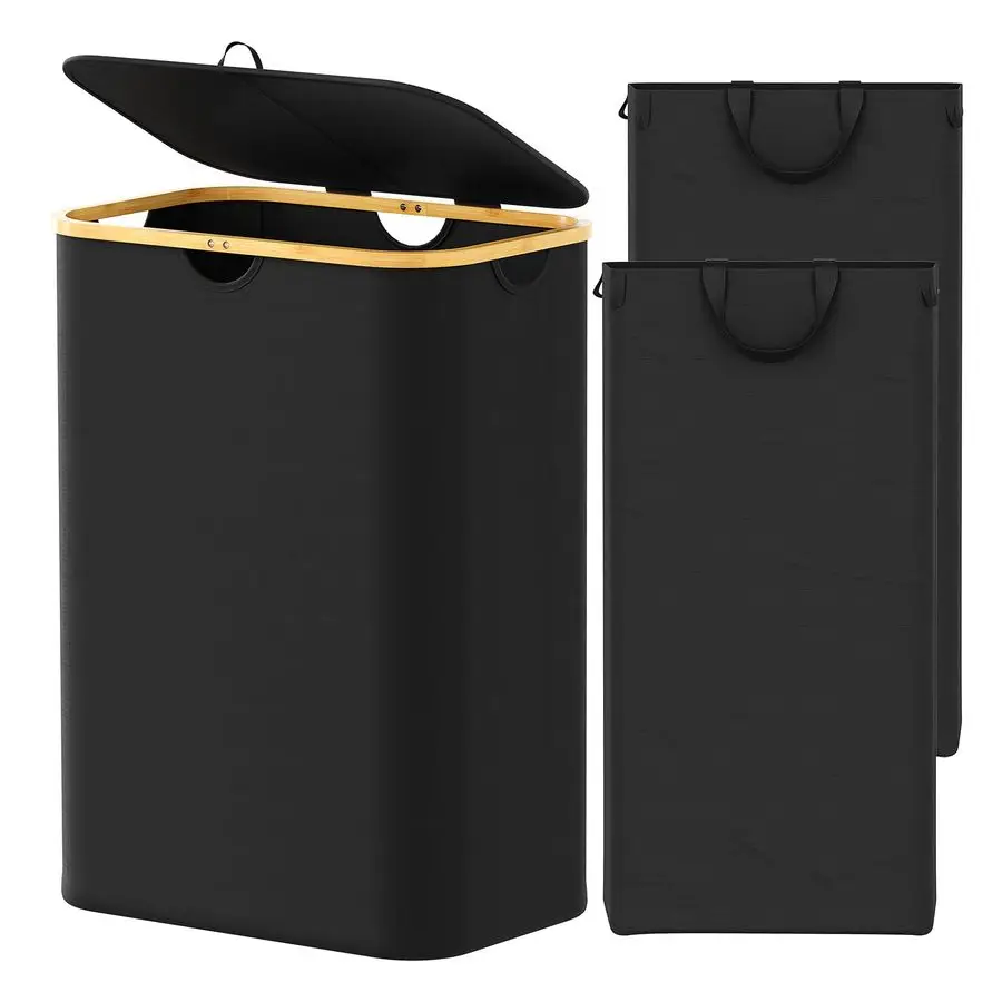 

Двойная корзина для белья на 2 секции с крышкой и съемными мешками для белья, 160 л, с бамбуковыми ручками, большая складная корзина для одежды