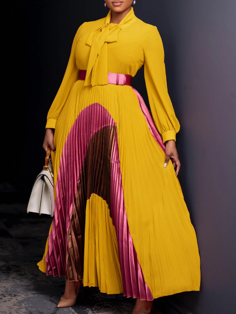 Elegant Women\'s Pleated Maxi Dress Autumn New Style Lace Up Pleated Long Sleeved Color Matching Fashion Birthday Wedding Guest