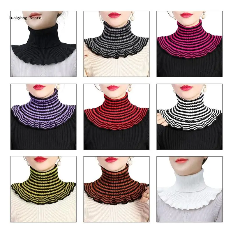 Women Winter Ribbed Knit Fake Collar Multicolor Striped Detachable Sweater Turtleneck Dickey Stretchy Neck Warmer Scarf