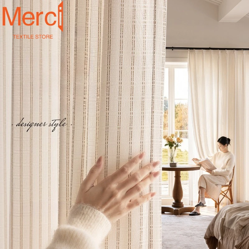 Striped Linen Tulle Curtains for Living Dining Room Bedroom Transparent Light Not Transparent People Custom Size Decoration