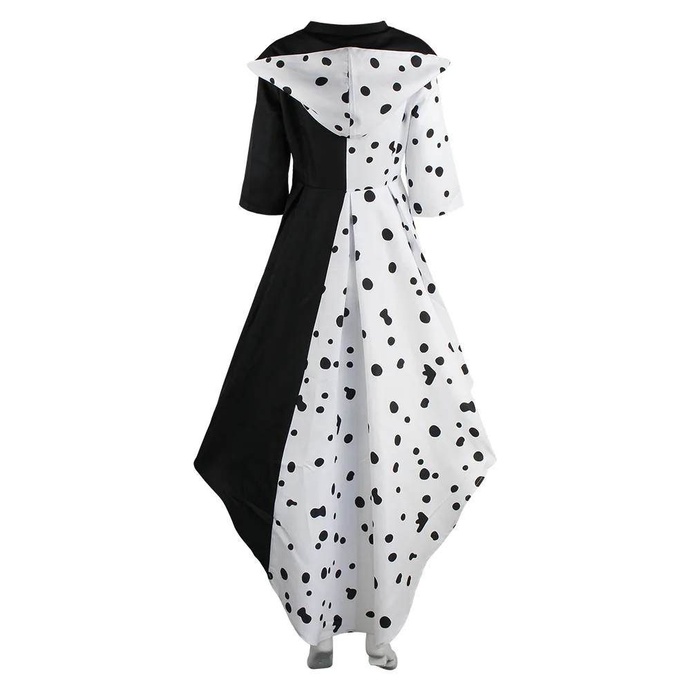 Women Inspired Cruella Cosplay Set Black‑White Spotted High Low Dress Wig Gloves Necklace Mask Cane Halloween Fancy Costume