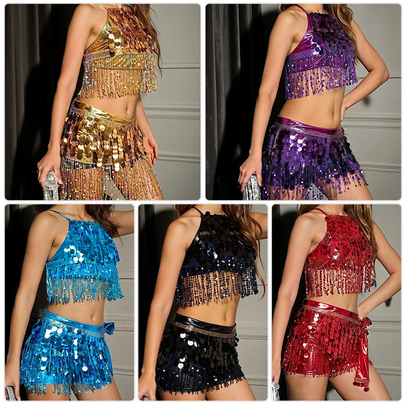 Trajes de desempenho de festa conjuntos de dança do ventre dança indiana correntes de cintura lantejoulas borlas toalhas de quadril trajes de desempenho