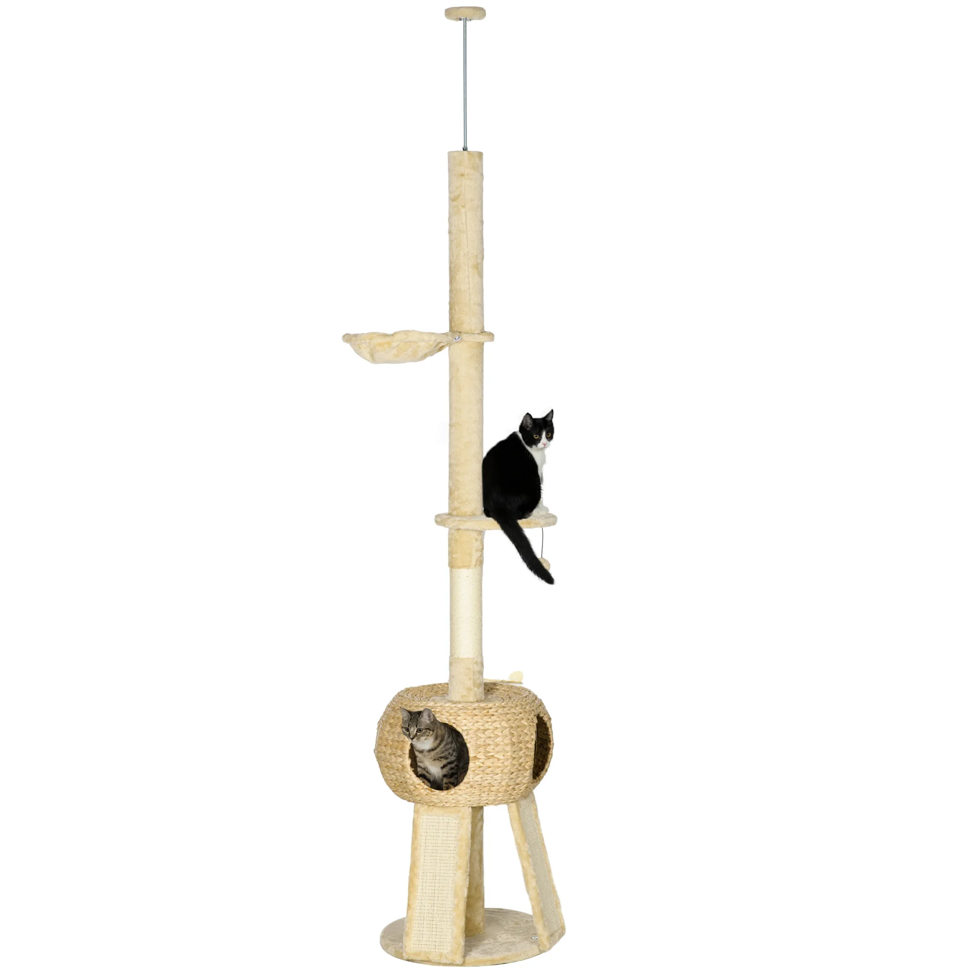 225-255 cm Floor-to-Roof Cat Tree PawHut with Beige Hammock Cave