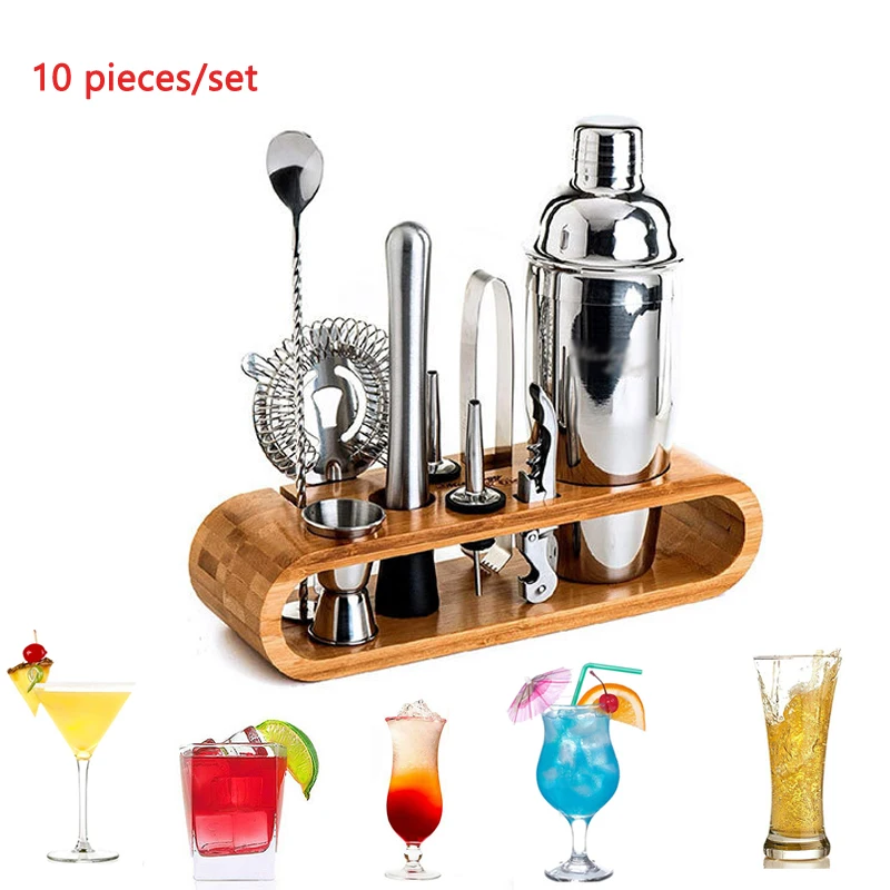 

10pieces Bartender Kit 750ML Cocktail Shaker Set with Bamboo Stand Bar Tool Drink Mixing Gift Bar Accessories Home Bars