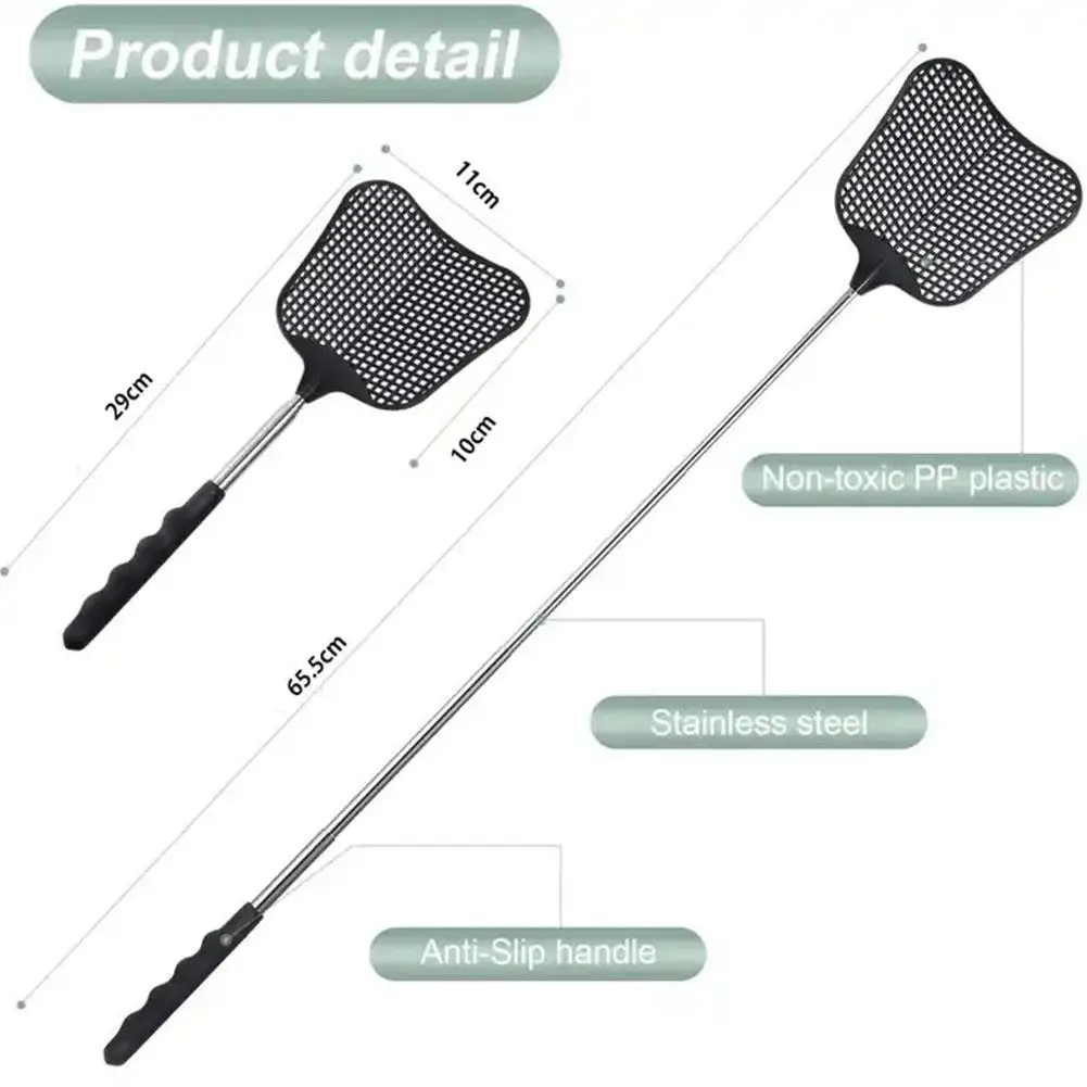 65cm Telescopic Fly Swatters Durable Plastic Heavy Duty Flyswatter With Stainles Black Plastic Anti Slip Design Fly Swatter