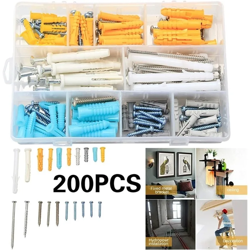 

200pcs Plastic Expansion Drywall Anchor Screws Self Tapping Screw Assortment Kit M4 M5 Stainless Steel Tube Wall Plugs