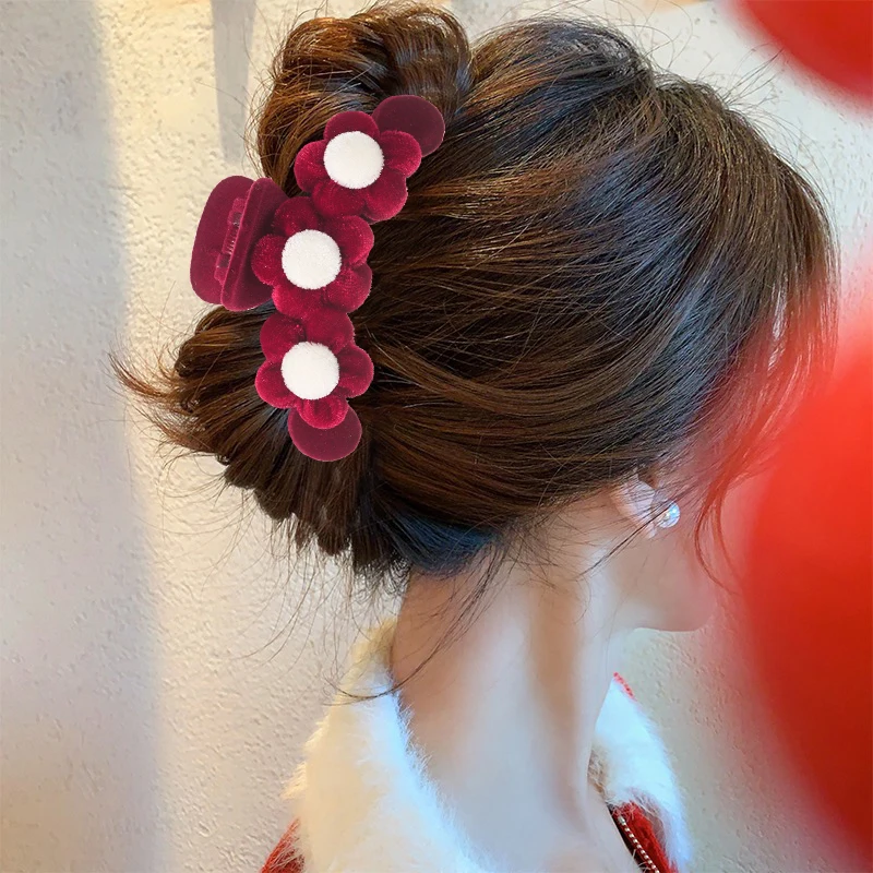 Bow Flocked Hair Claw Girls Burgundy Party Hairpin Ponytail Temperament Hair Clip For Women Festival Hair Accessories Gifts