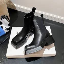 Genuine Leather Ankle Boots Women Chunky Heel Chelsea Boots Square Toe High Heeled Fashion Designer Boots for Women Botas Mujer