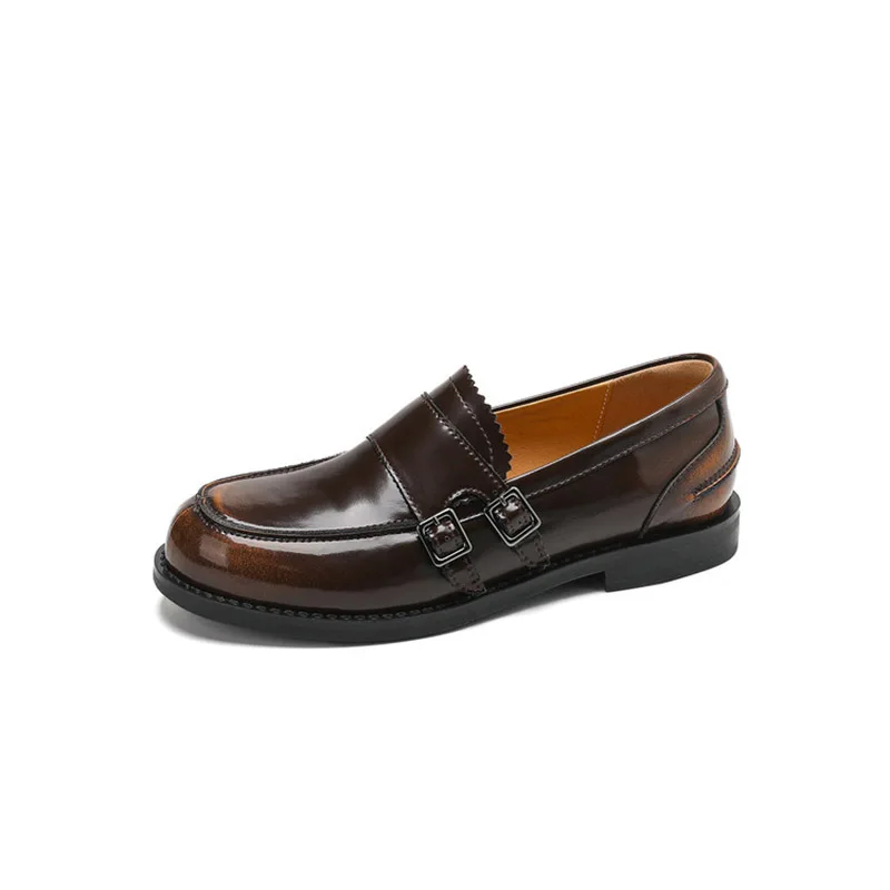 

Retro Cow Leather Women's Loafers Brown Round Toe Low Heeled Ladies Shoes Slip-on Pumps With Belt Buckle Phoenitn FT4317