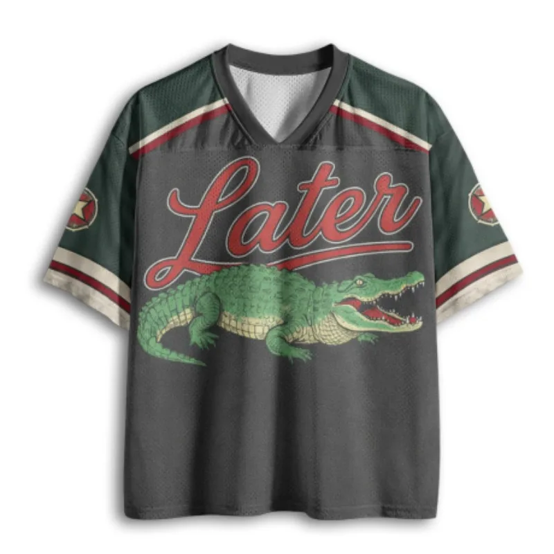 Retro Southern Wild Crocodile Vintage Cursive Text Graphic Mesh Short Sleeve Jersey Unisex Preppy Streetwear Top