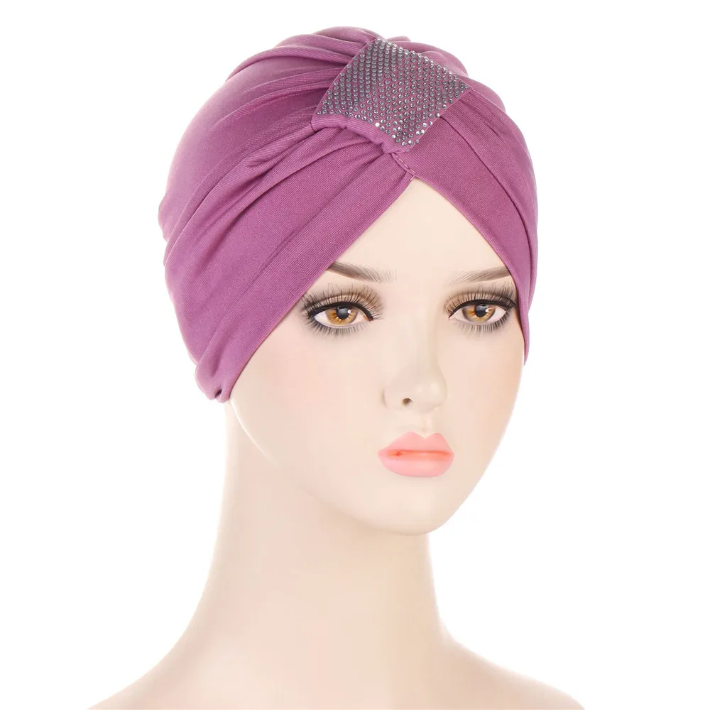 Turbante musulmán para mujer, gorro Hijib anudado, diamantes, Color sólido, gorro Baotou, turbante indio, elástico, interior, accesorios Hijib