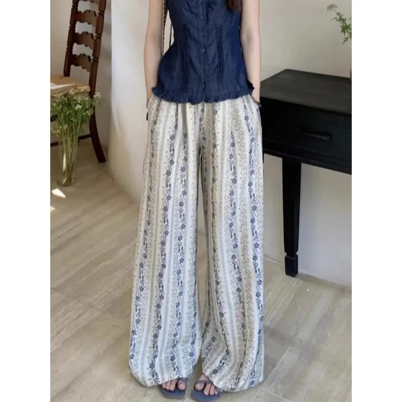 Women's Blue White Floral Wide-leg Pants High Waist Pleated Texture