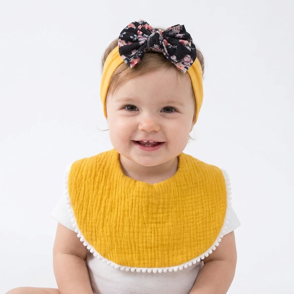 2Pcs/Set Baby Floral Headband Muslin Bib Set Pom Gauze Feeding Burp Cloths for Girls Newborn Infant Toddler Hair Accessories