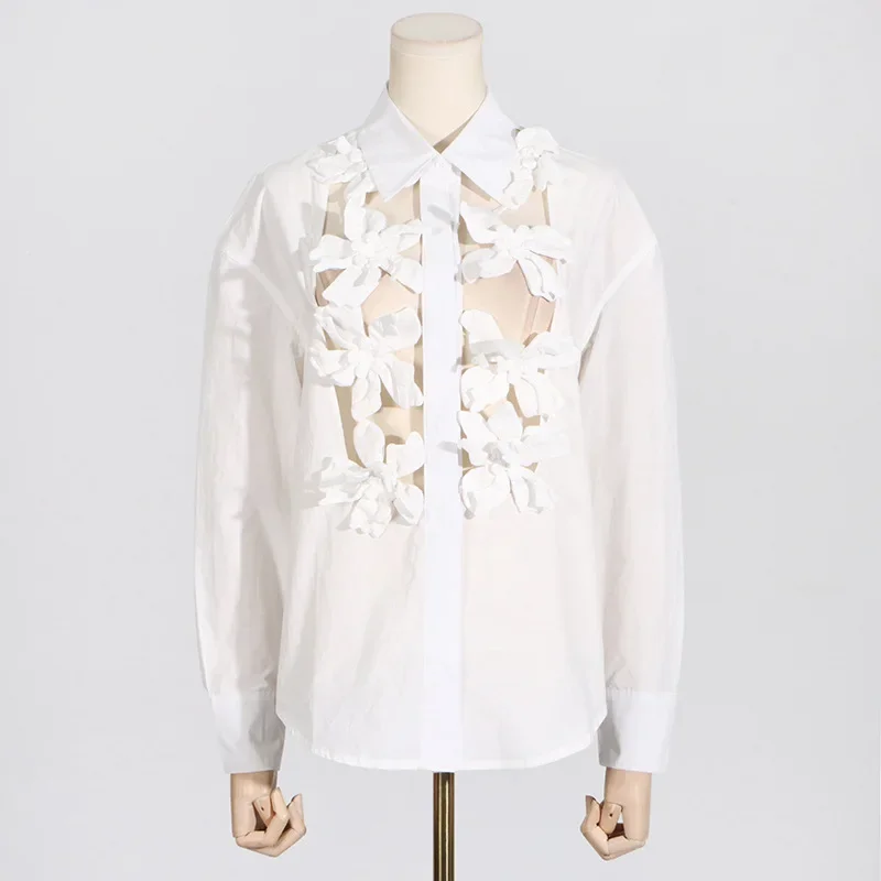 Summer New Fashion Casual Three-dimensional Flower Splicing Design Single-breasted Hollow Long-sleeved Stand-up Collar Shirt