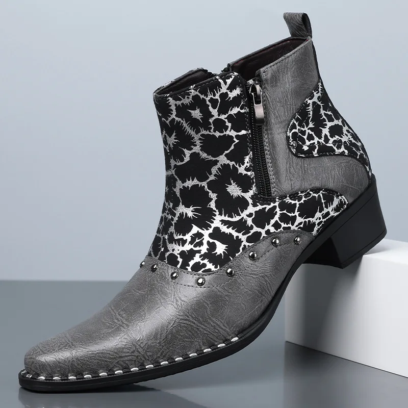 Male Western Cowboy Ankle Boots Mixed Color Prints Rivet Decor Side Zipper Chelsea Boots 2027 Wedding Party Dress Shoes for Men