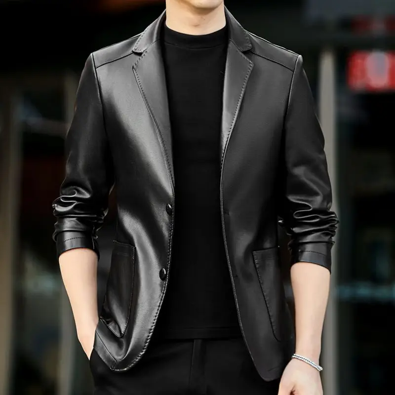

Men Leather Suit Jacket Loose Fit Blazer Coat Fahion Caual Male Outerwear T718
