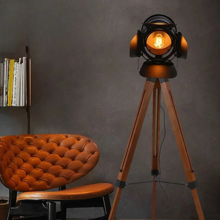 Vintage Industrial Searchlight Floor Lamp, Solid Wood LED Remote Control Creative Lighting for Living Room Premium