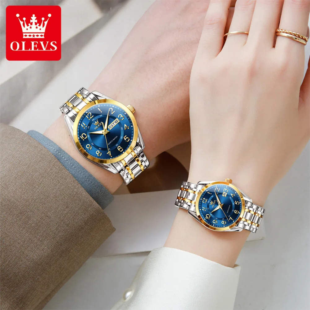 OLEVS 3666 Couple Watch Luxury Brand Quartz Watch Waterproof Watch Lover Gift Night Light Classic Date Week Clock His Her Watch