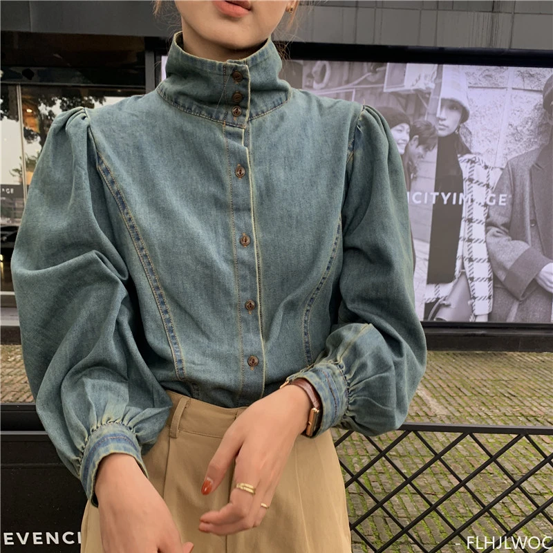 Cotton Denim Shirt 2023 New Design Temperament Women Blouses Office Lady Blue Jeans Turtleneck Top Single-Breasted Button Shirts