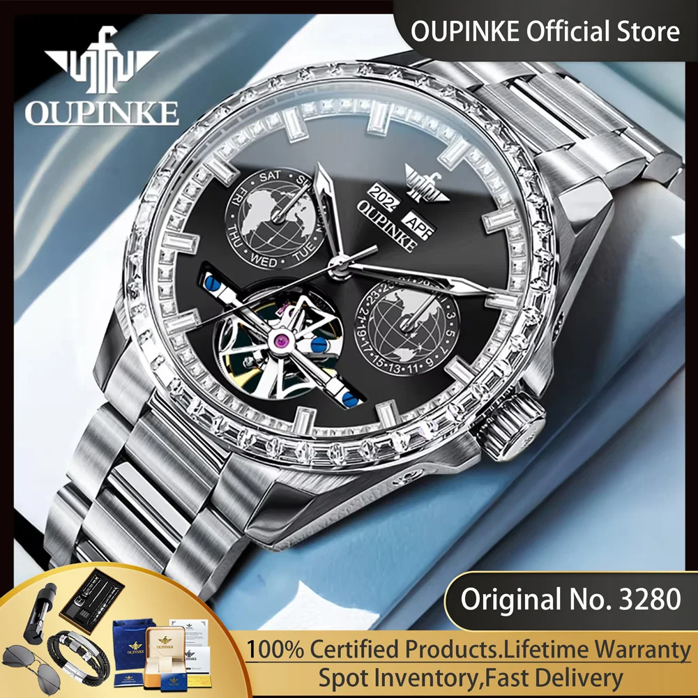 

OUPINKE 3280, полностью автоматические механические часы для мужчин, элитный бренд, оригинальные мужские часы с бриллиантовым ободом, наручные часы со скелетонизированным маховиком