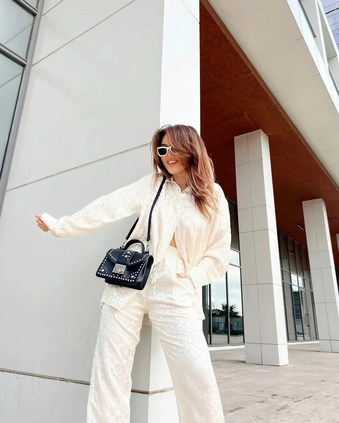 2024 Autumn White Satin Wide Leg Trousers Suit For Women Office Leopard Print Two-Piece Set Home Tracksuit Female Pajamas Sets