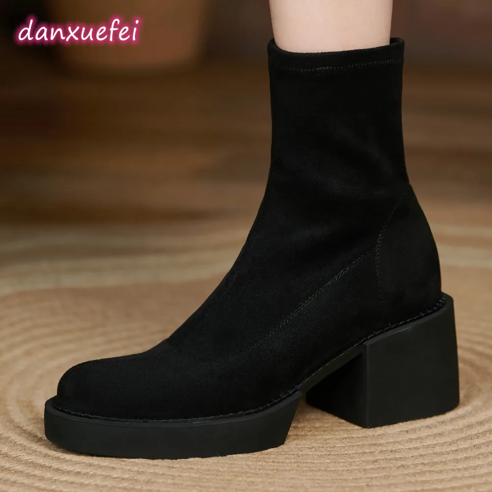 

danxuefei big size 34-41 women's flock slip-on autumn ankle boots black slim stretch 6.5cm chunky heel platform short booties