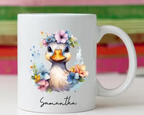 CUTE PERSONALISED NAME DUCK DUCKLING DUCKS FLOWERS CERAMIC PRETTY MUG CUP GIFT