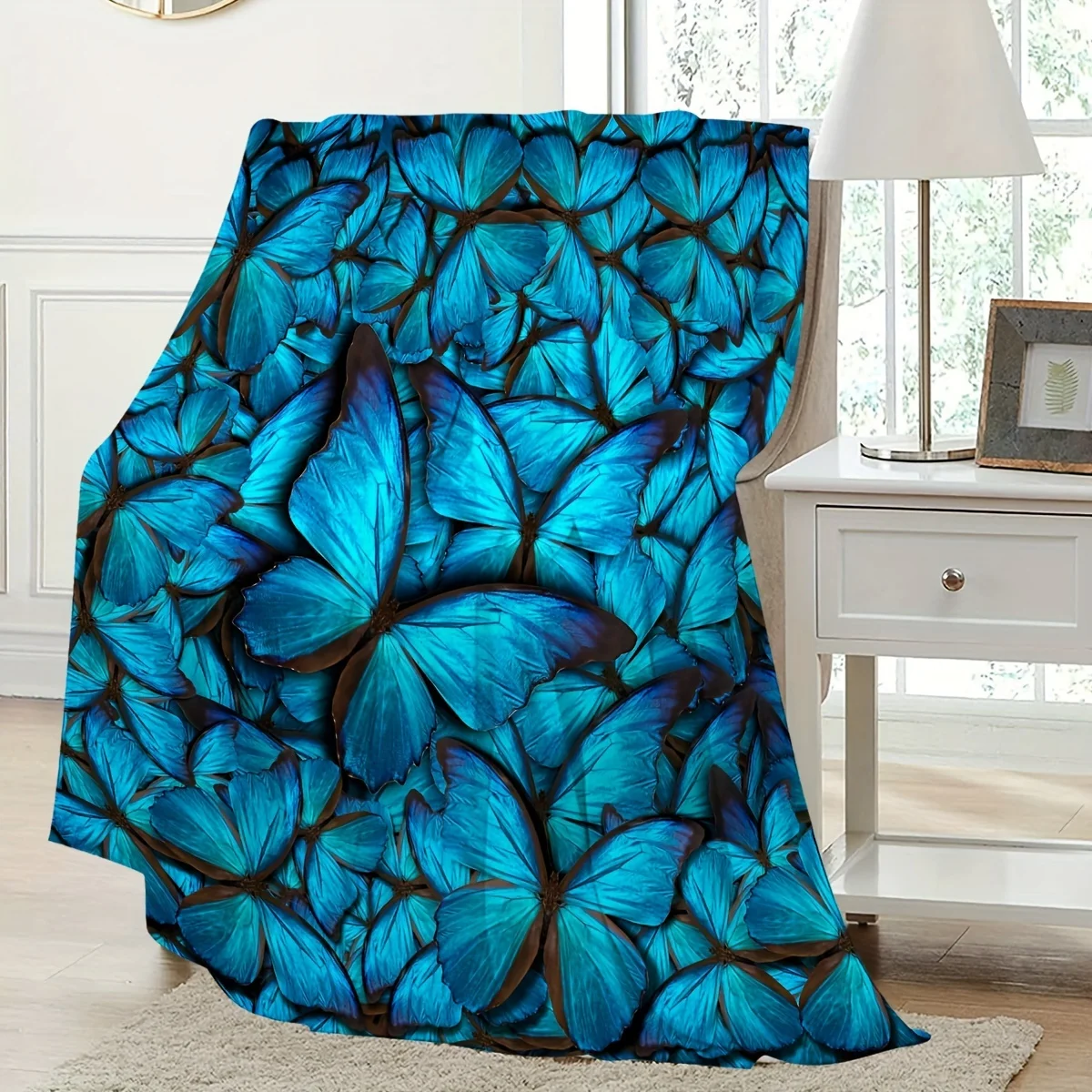 1pc, Flannel Creative Blue Butterfly Printed Blanket, Comfortable And Soft, Suitable For Adults, Multi-specification Four-season