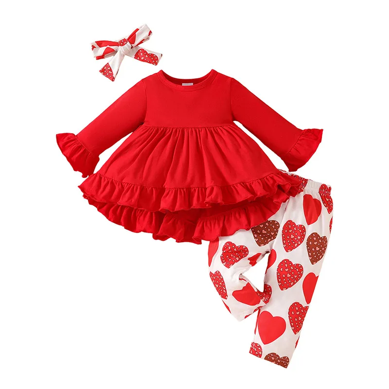 3-Piece Girl Valentine s Day Set Long Sleeve Ruffled A-Line Dress Heart Print Pants Headband Spring Outfits