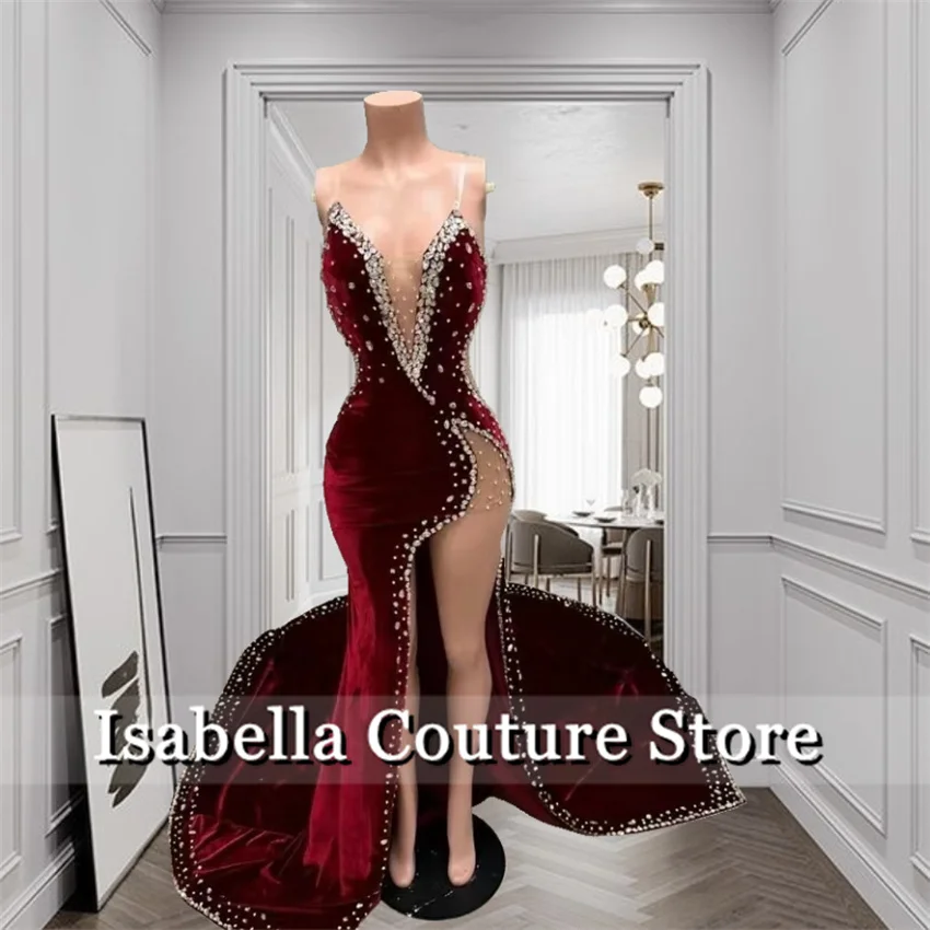 Luxury Red Long Prom Dresses Beading Crystal Split Elegant Party Dress Woman Vestidos Birthday Dress Bridal Gown Customized