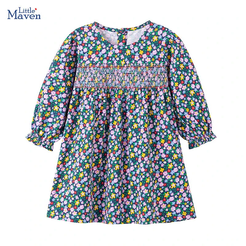 

Little maven Children's Clothing 2025 New Autumn Spring Cartoon Baby Girls Long Sleeve Flowers Dress for Kids Clothes
