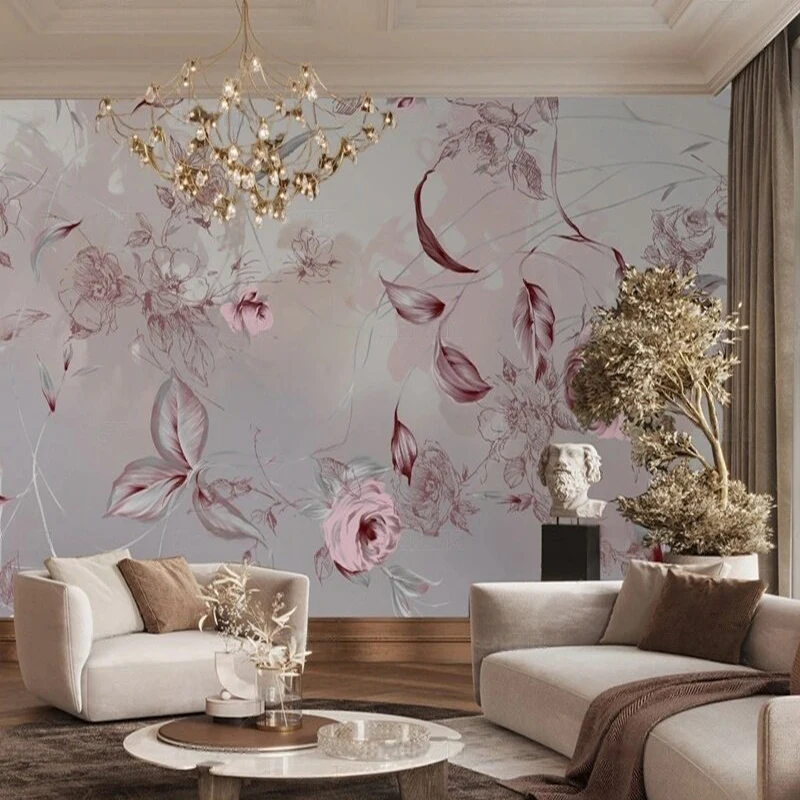 High-end light luxury pink flower dream picture Nordic tropical rainforest TV luxury home decoration background wall