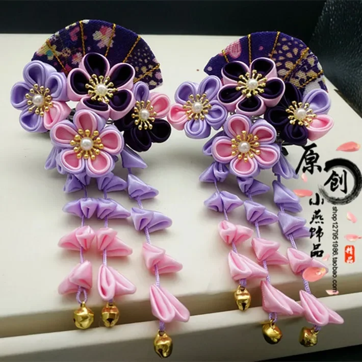 Paars Cosplay Sakura Fan Kwastje Hoofdtooi Oude Kostuum Kimono Accessoires Haarspeld Tsumami Zaiku Yukata Haarspeldjes Kanzashi