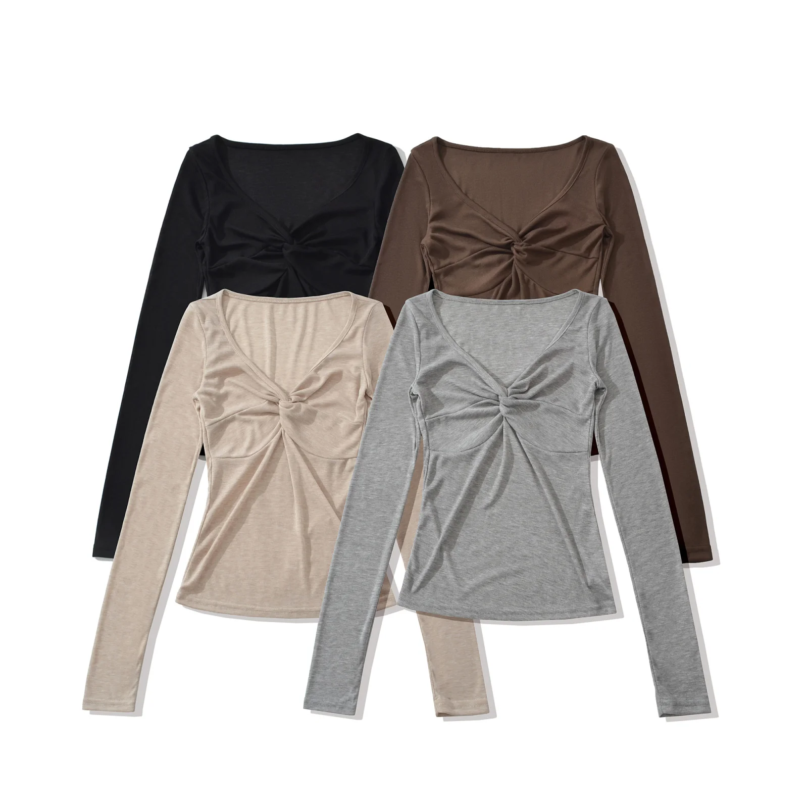 Slim Fit Long Sleeve V-Neck T-Shirt Sweet Spicy Outerwear Inner Match Waist Cinch Casual Top Knot Twist Pure Desire Network Red