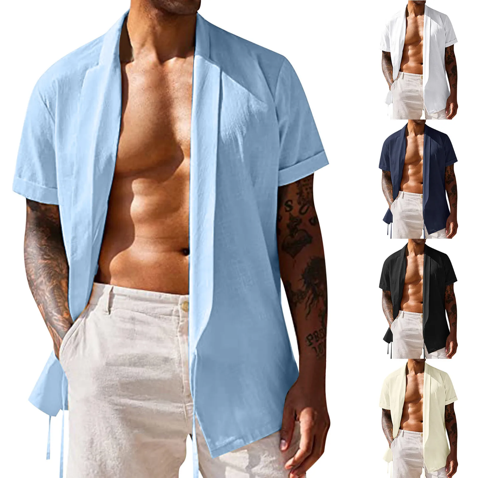 

Mens Summer Solid Color Lace Short Sleeve Shirt Cardigan Fashion Shirts Tops Beachwear Loose