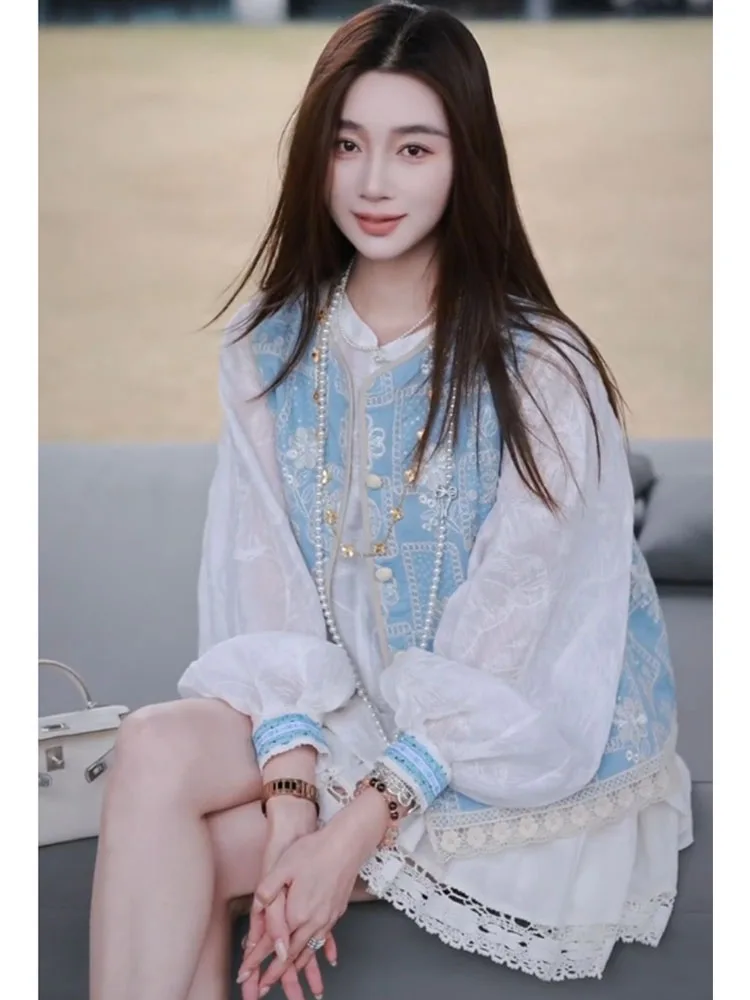 

New Chinese Sle Embroidered Blue Vest White irt Two-Piece Set Spring Faion Sensation Luxury Feel Traditional National T...