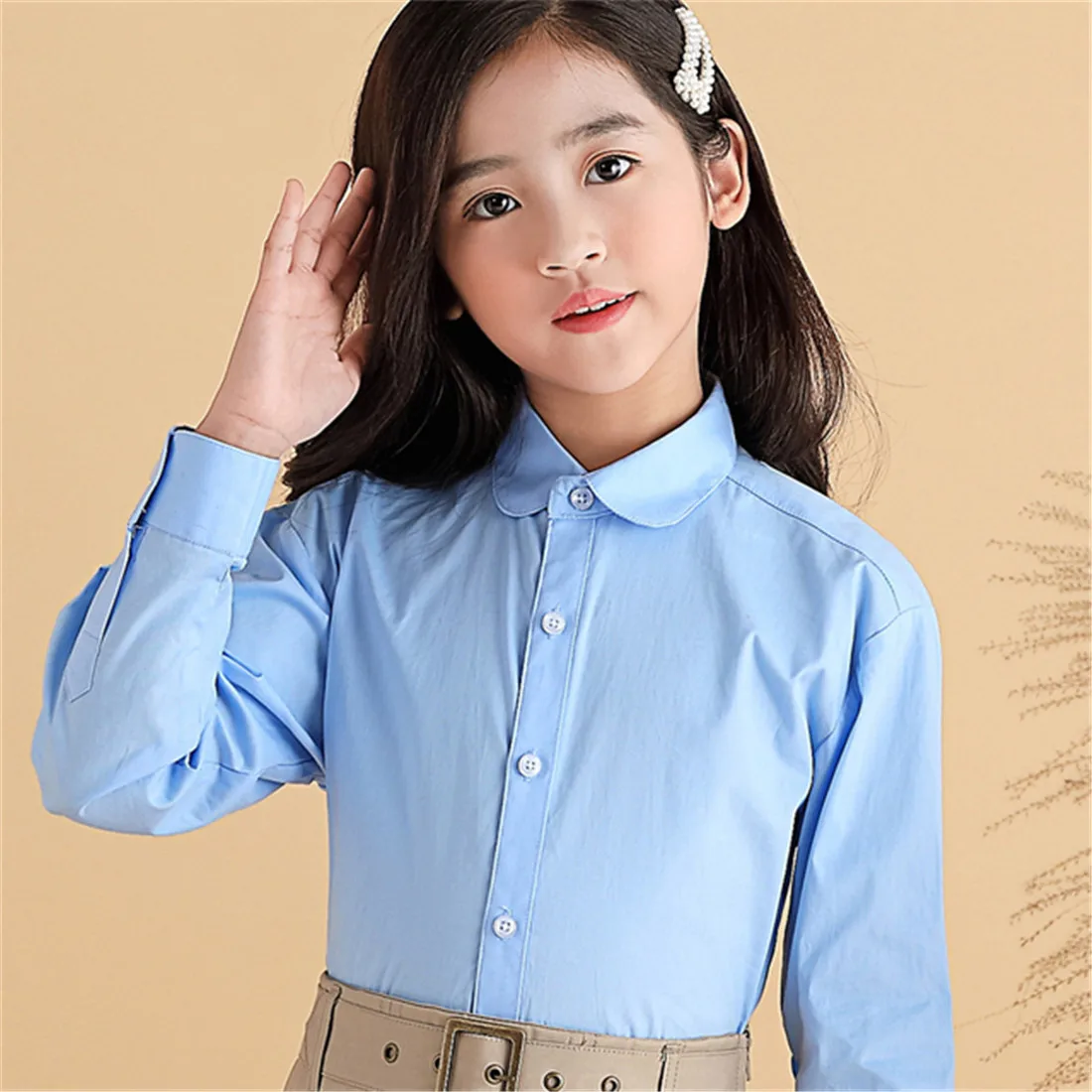 أطفال بنات قمصان بيضاء للطلاب موحدة طويلة الأكمام بلوزة قطن المراهقين مدرسة ملابس الطفل 8 10 12 14 سنة Vestidos