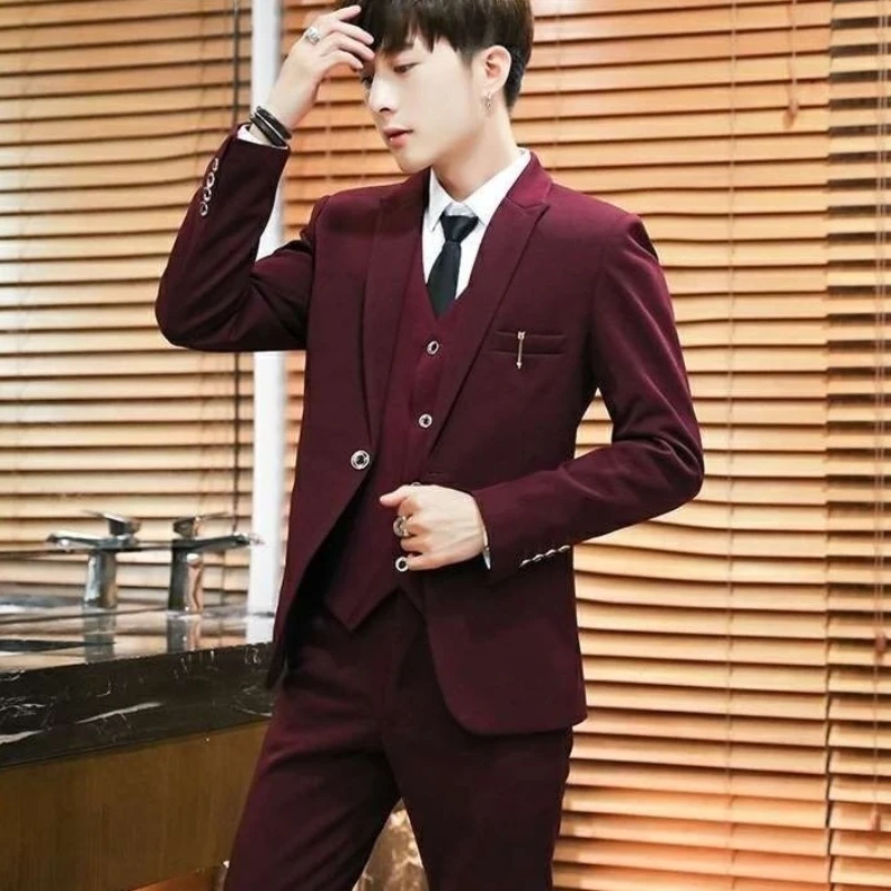 Business Formal Men 3 Piece Suit Set Summer Slim Fit Groom Wedding Hosting Suit
