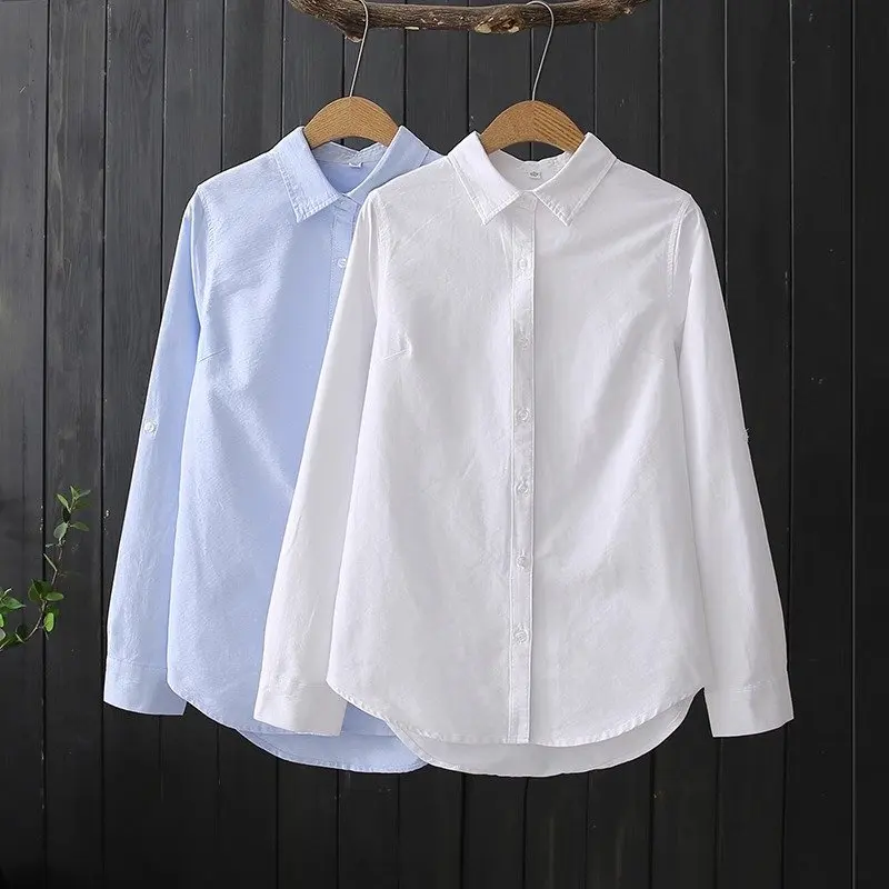 قميص نسائي كاجوال من القطن الخالص للربيع والخريف، تصميم كوري بسيط متعدد الاستخدامات، قميص أساسي احترافي للسيدات بياقة وأزرار