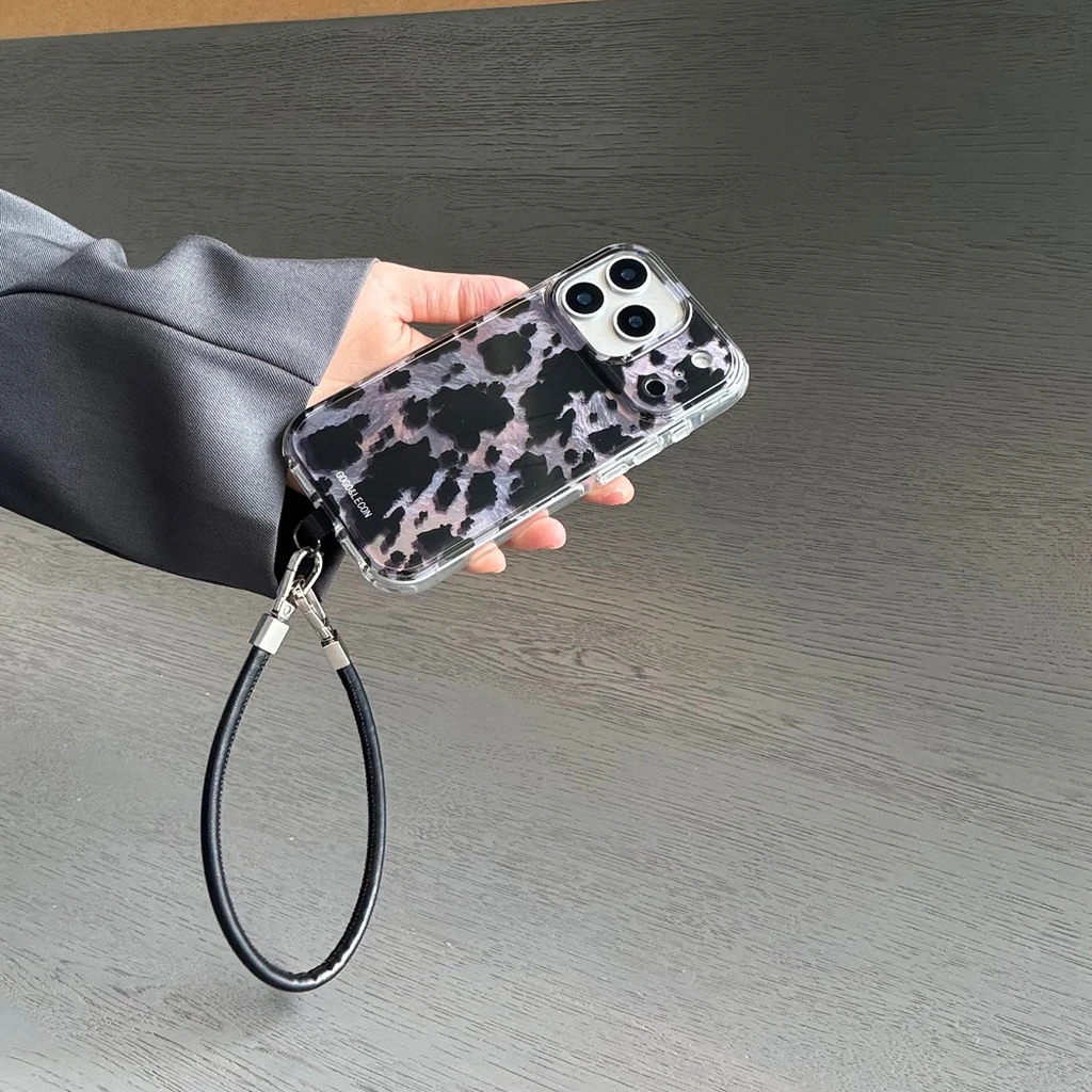 Creativity Graffiti Black Leopard Print Purple Tin Foil Pattern With Lanyard Phone Cover Case for iPhone 17 16 15 14 Pro Max