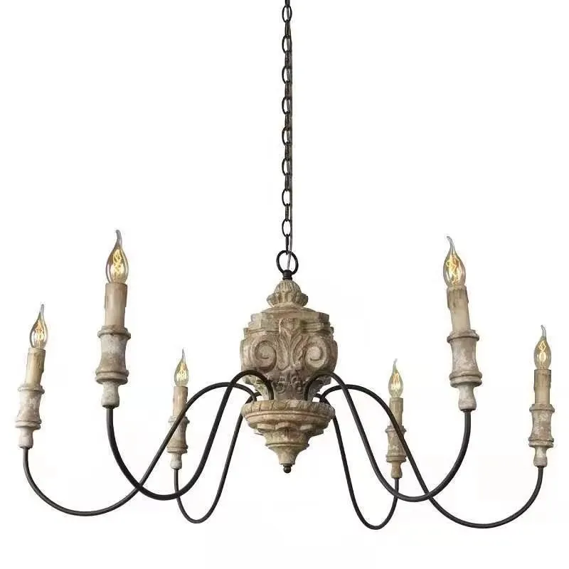 

French style Vintage Solid Wood Carved Chandelier Living Room Dining Room Bedroom Villa Home Decorations E14 Candle Chandelier