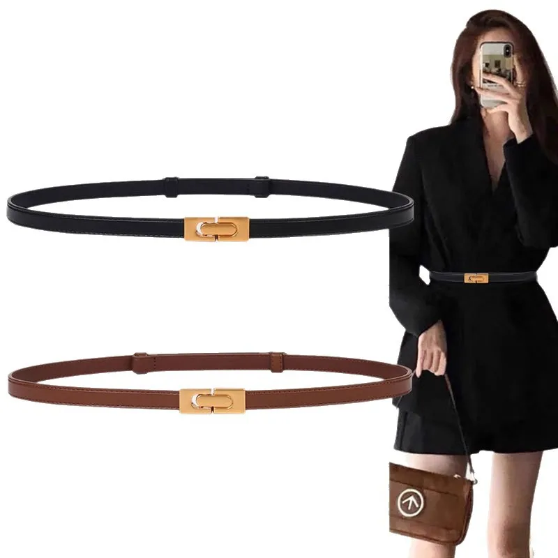 Women Skinny Leather Belt Solid Color Vintage Metal Interlock Buckle Adjustable Thin Waist Belt For Dress Jeans Coat