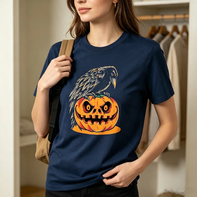 Crow Pumpkin Halloween T-Shirt Raven Spooky Season Tee Casual Fall Streetwear for Men Women Halloween Party Costume Top